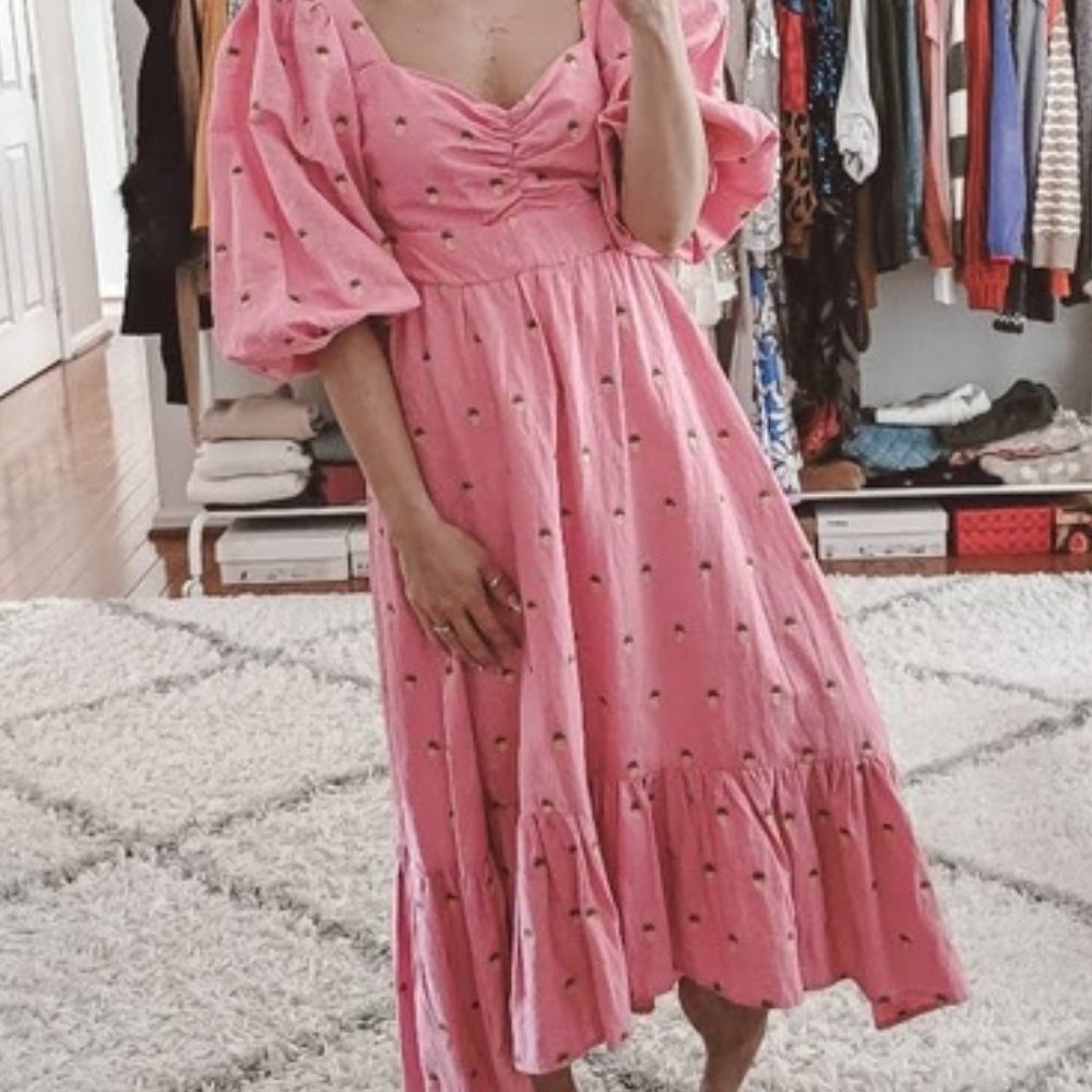 FARM Rio Embroidered Pineapples Pink Midi Dress size M